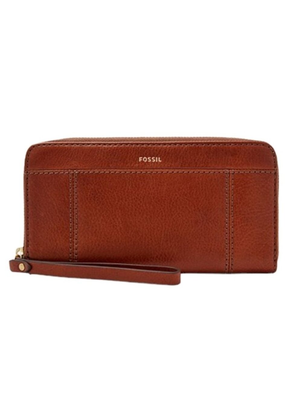 Fossil Jori RFID Brown Leather Zip Clutch Wallet With Wristlet Strap